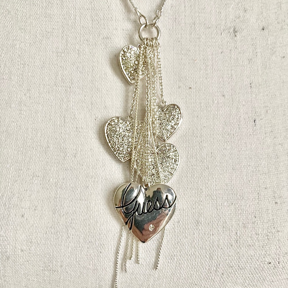 Guess Dangle Heart Charms Necklace in Silvertone